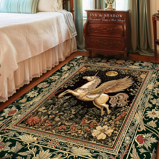 Baroque Flying Unicorn Area Rug | Enchanted Forest Pegasus Fairytale Decor Castle Aesthetic Maximalist Regal Bedroom Fantasy Gothic Style |