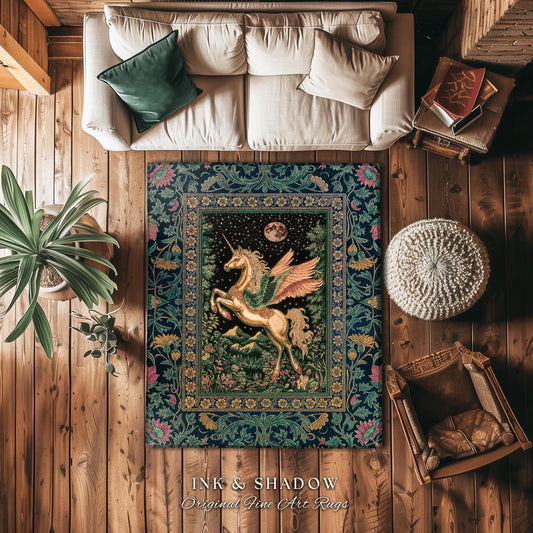 Winged Unicorn Full Moon Fantasy Rug | Enchanted Forest Fairytale Decor Baroque Regal Castlecore Style Romantic Maximalist Fantasy Gothic |