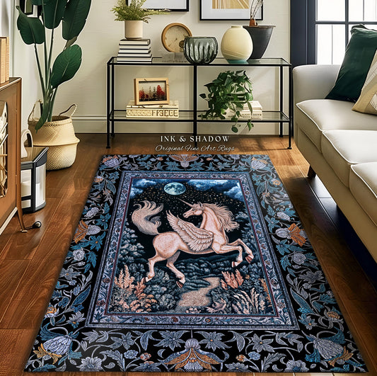 Starlit Blue Pegasus Ethereal Rug | Mystical Castlecore Decor Fairytale Baroque Accent Regal Fantasy Moonlight Forest Maximalist Romantic |