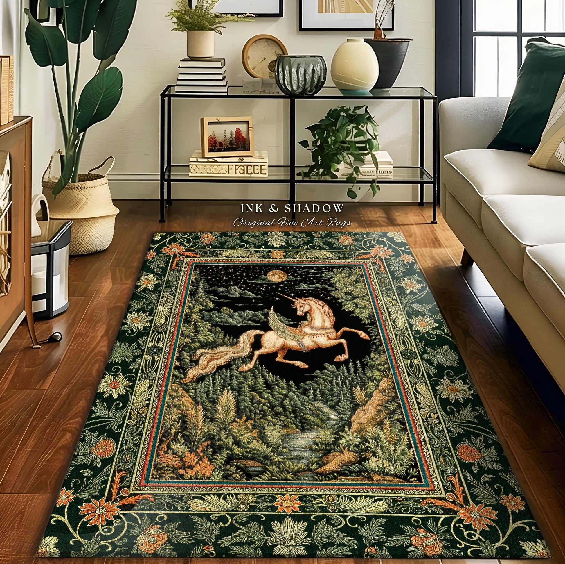 Renaissance Fantasy Pegasus Unicorn Rug | Regal Fairytale Decor Romantic Baroque Room Maximalist Castlecore Style Mystical Accent Rug Boho |