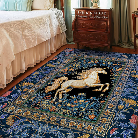 Twilight Floral Ornate Unicorn Rug | Blue Orange Baroque Fairytale Decor Regal Style Romantic Gothic Bedroom Accent Mystical Castlecore Rug