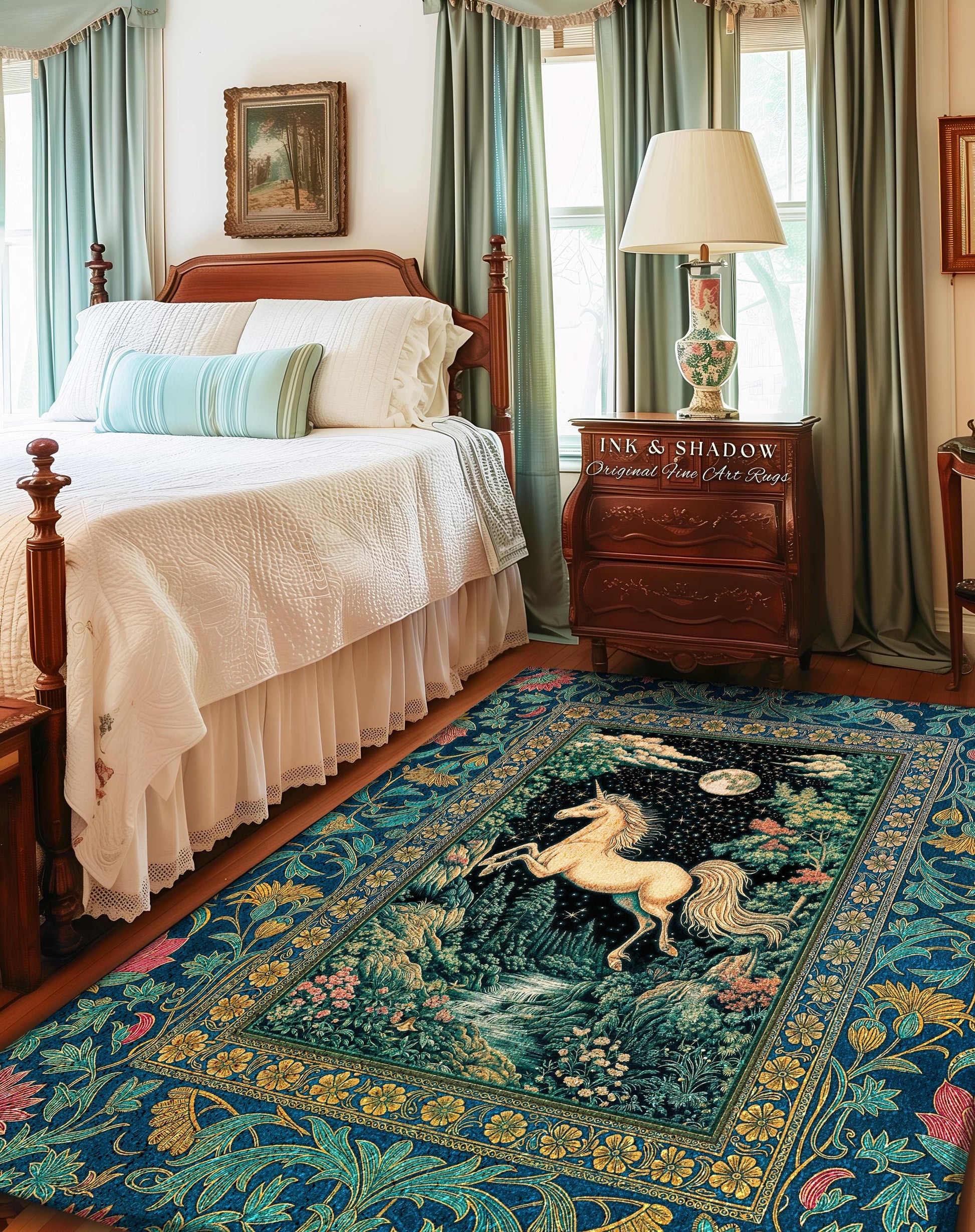 Unicorn Meadow Magical Aesthetic Rug | Castlecore Forest Fantasy Decor Fairytale Accent Regal Mystical Baroque Bedroom Regency Style Decor