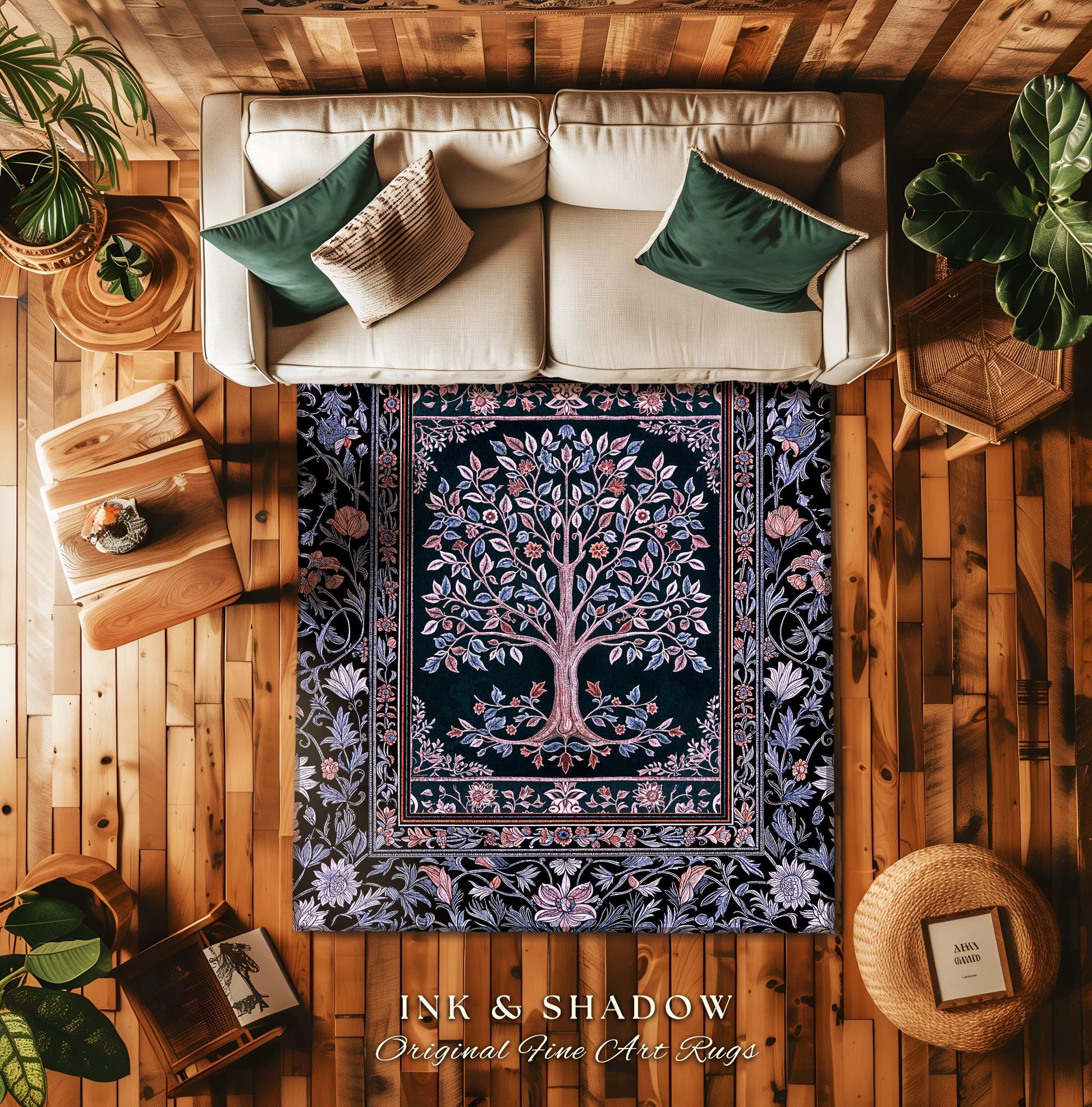 Whimsical Lavender Tree of Life Rug | Pastel Botanical Theme Romantic Cottagecore Decor Medieval Gothic Style Vintage Folk Art Home Accent
