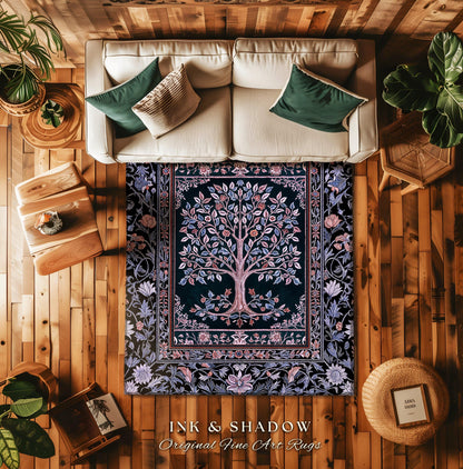 Whimsical Lavender Tree of Life Rug | Pastel Botanical Theme Romantic Cottagecore Decor Medieval Gothic Style Vintage Folk Art Home Accent