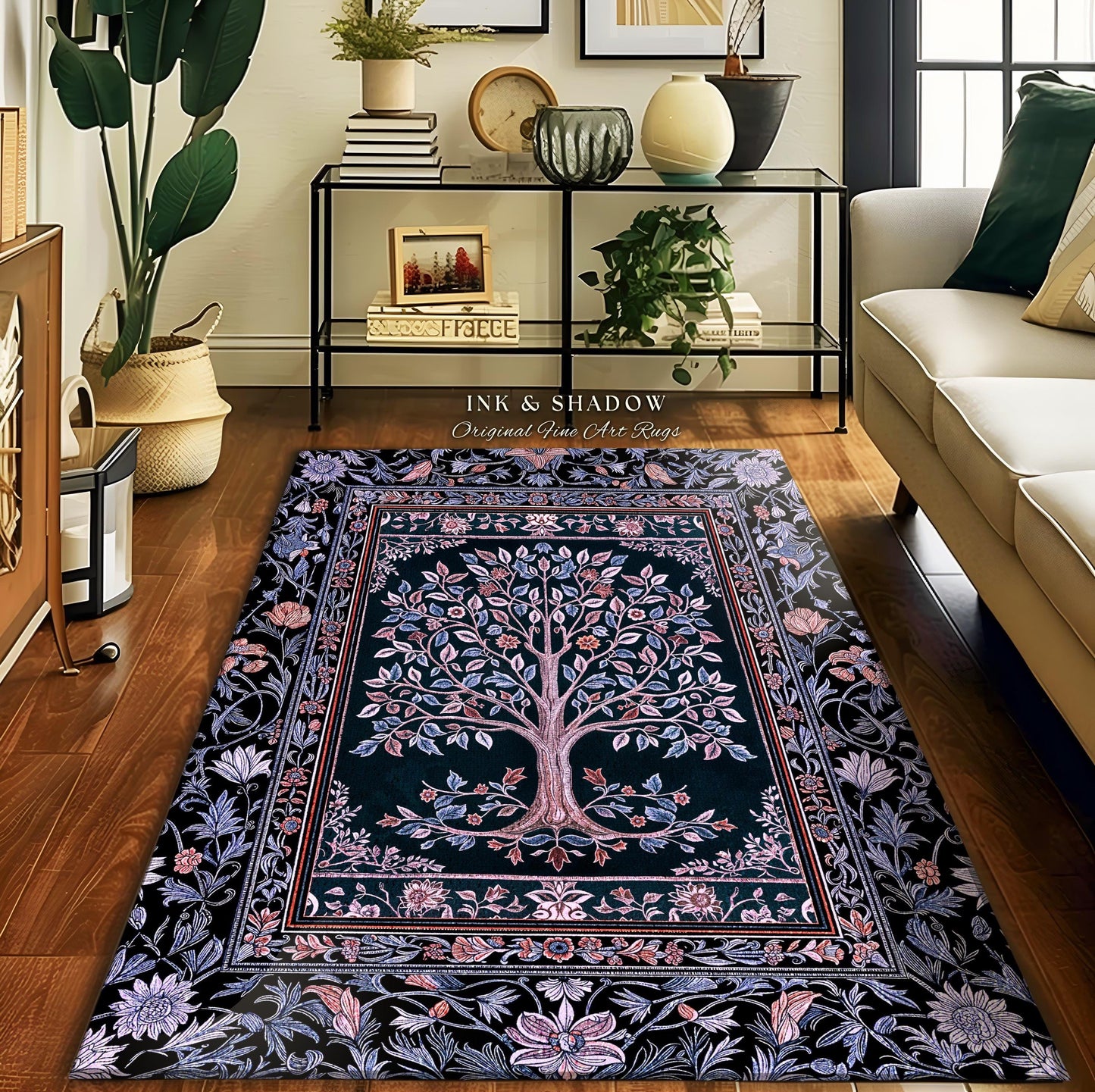 Whimsical Lavender Tree of Life Rug | Pastel Botanical Theme Romantic Cottagecore Decor Medieval Gothic Style Vintage Folk Art Home Accent