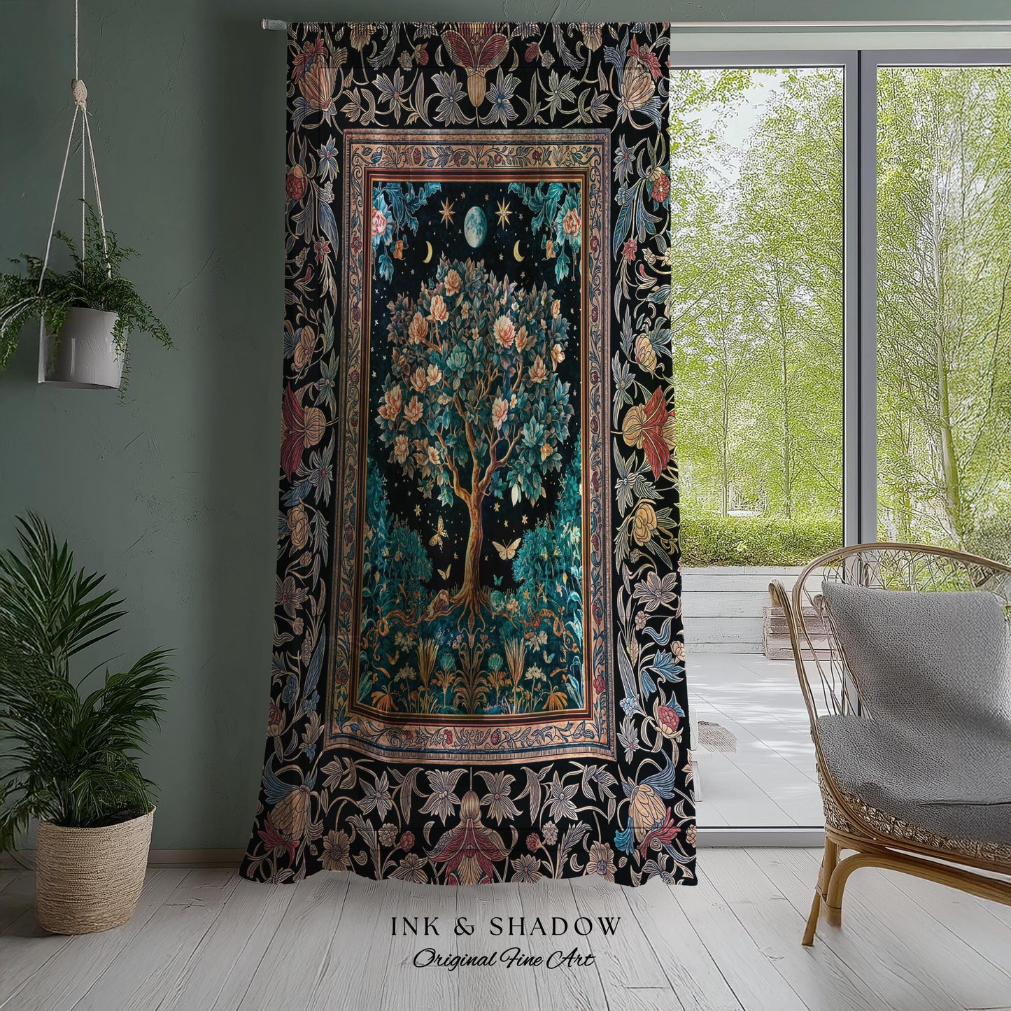 Enchanted Moonlit Tree of Life Curtains | Romantic Forest Aesthetic Home Decor Vintage Boho Style Housewarming Gift Cozy Bedroom Drapes |
