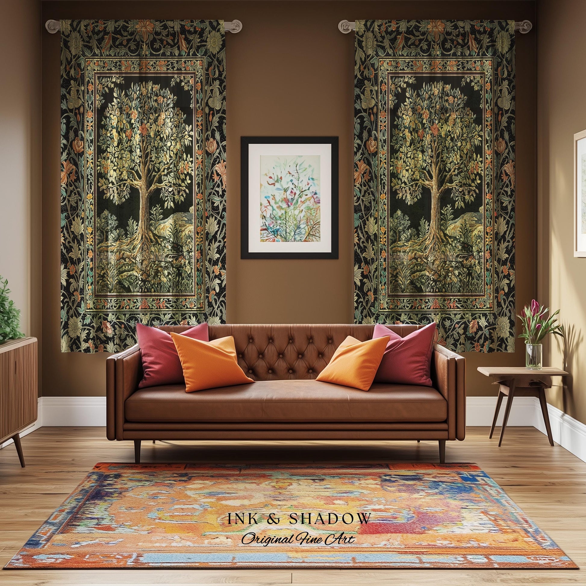 Regal Woodland Tree Curtains | Floral Heritage Decor Drapes Parisian Style Gothic Cottagecore Aesthetic Traditional Room Accent Chateaucore