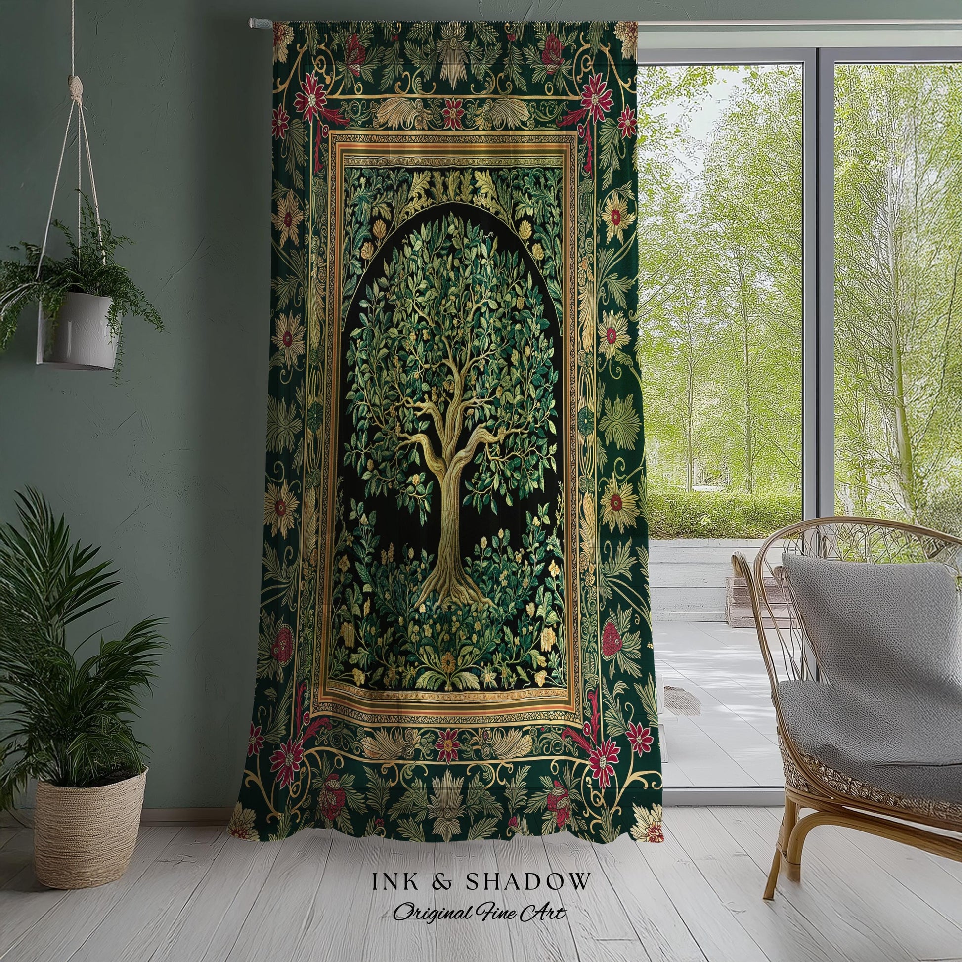 Forest Green Heritage Tree Curtain | Lush Botanical Tapestry Style Emerald Floral Drapes Vintage Cottagecore Maximalist Medieval Aesthetic
