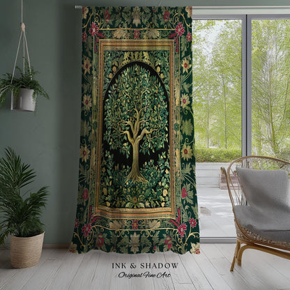 Forest Green Heritage Tree Curtain | Lush Botanical Tapestry Style Emerald Floral Drapes Vintage Cottagecore Maximalist Medieval Aesthetic