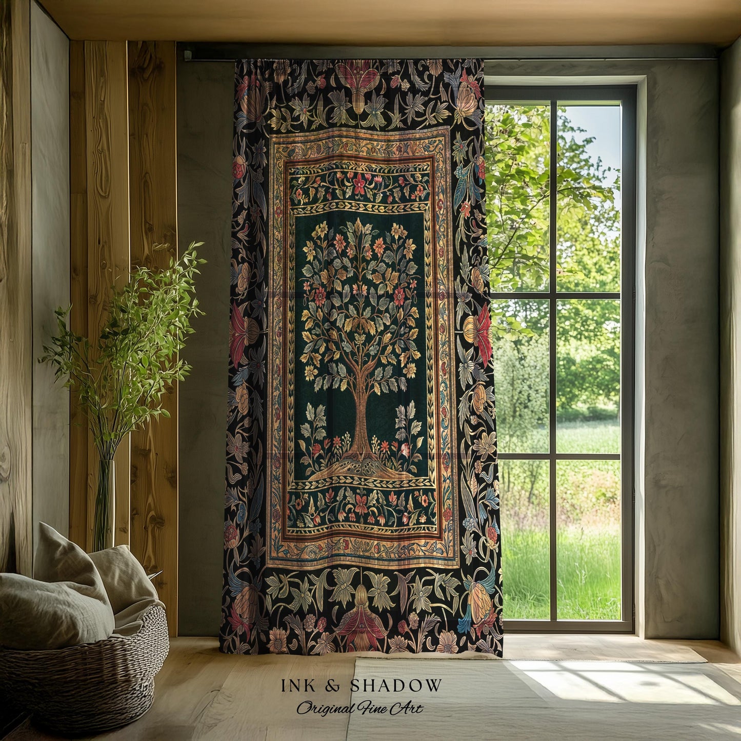 Victorian Folk Art Tree Curtain | Floral Morris Inspired Accent Drapes Red Roses Ornate Rococo Classical Medieval Garden Design Maximalist |