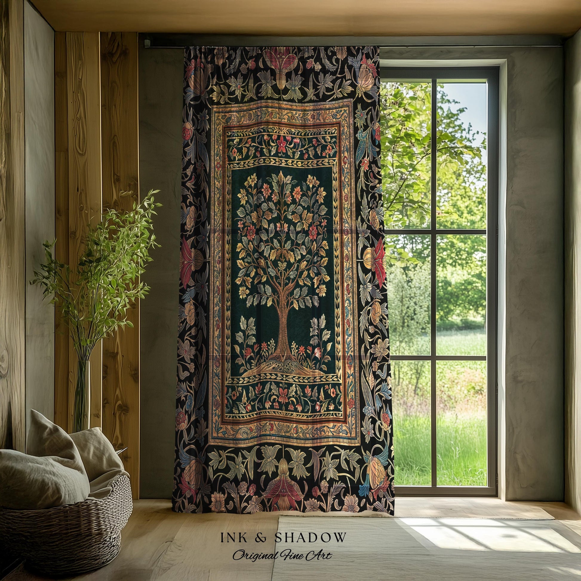 Victorian Folk Art Tree Curtain | Floral Morris Inspired Accent Drapes Red Roses Ornate Rococo Classical Medieval Garden Design Maximalist |