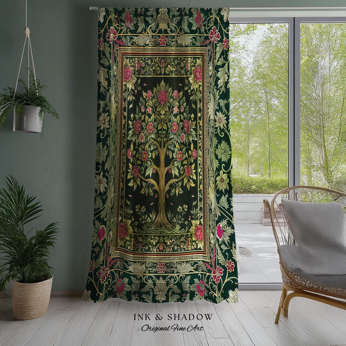 Rosy Botanical Rustic Tree Curtains | Woodland Cottagecore Folklore Aesthetic Romantic Decor Vintage Fairycore Bedroom Drapes Soft Aesthetic