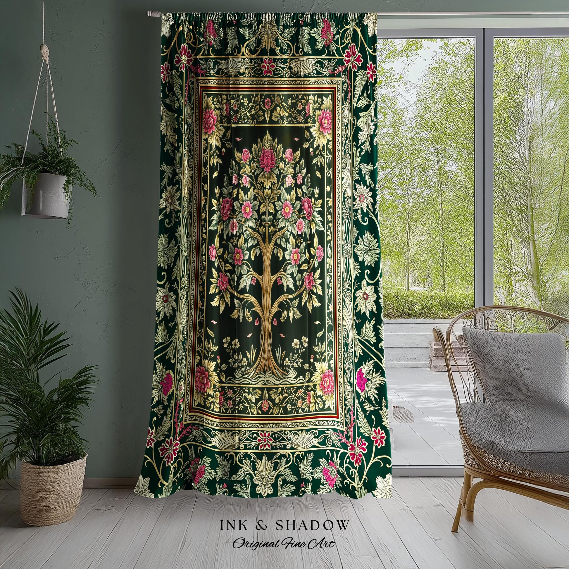 Rosy Botanical Rustic Tree Curtains | Woodland Cottagecore Folklore Aesthetic Romantic Decor Vintage Fairycore Bedroom Drapes Soft Aesthetic