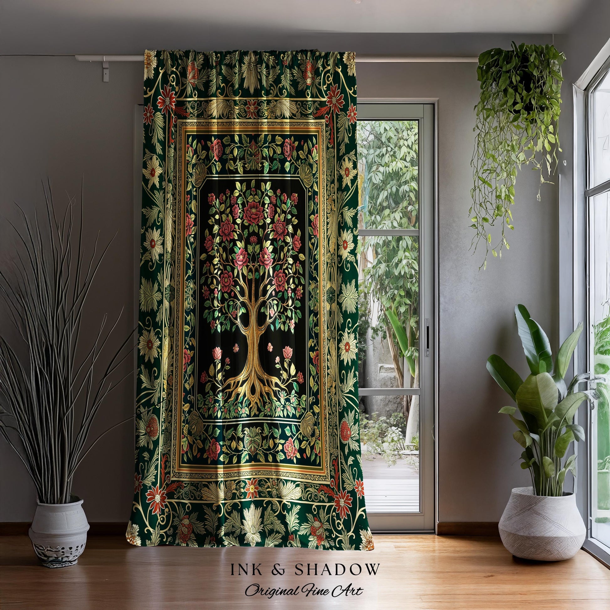 Floral Victorian Garden Tree Curtain | Baroque Floral Design Folk Art Inspired Medieval Botanical Decor Romantic Rococo Cottagecore Drapes |