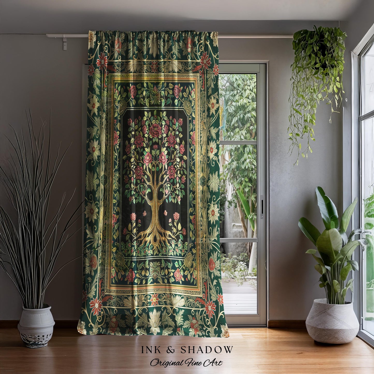 Floral Victorian Garden Tree Curtain | Baroque Floral Design Folk Art Inspired Medieval Botanical Decor Romantic Rococo Cottagecore Drapes |