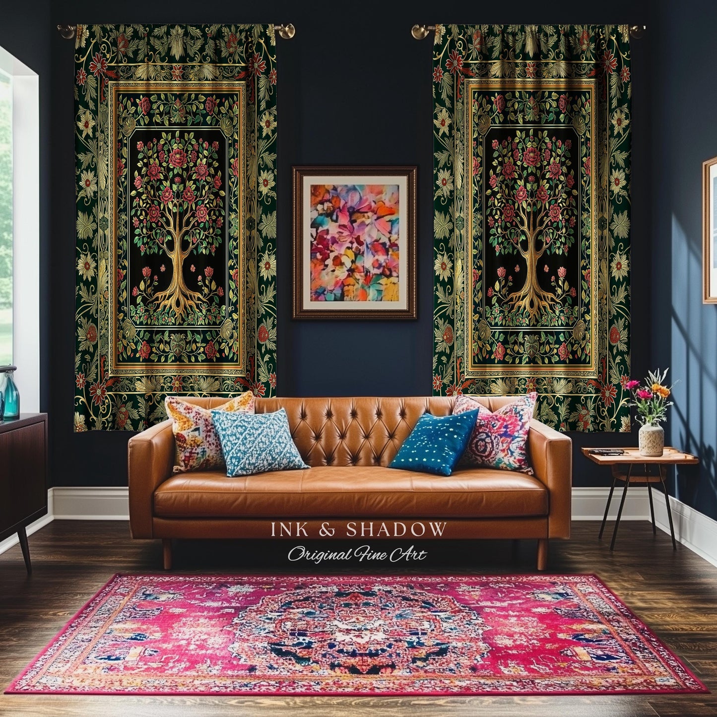 Floral Victorian Garden Tree Curtain | Baroque Floral Design Folk Art Inspired Medieval Botanical Decor Romantic Rococo Cottagecore Drapes |