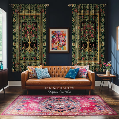 Floral Victorian Garden Tree Curtain | Baroque Floral Design Folk Art Inspired Medieval Botanical Decor Romantic Rococo Cottagecore Drapes |