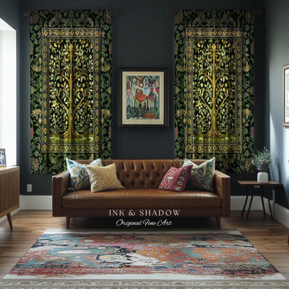 Golden Aesthetic Tree of Life Curtains | Emerald Botanical Decor Romantic Folklore Gothic Tapestry Style Vintage Floral Maximalist Drapes |