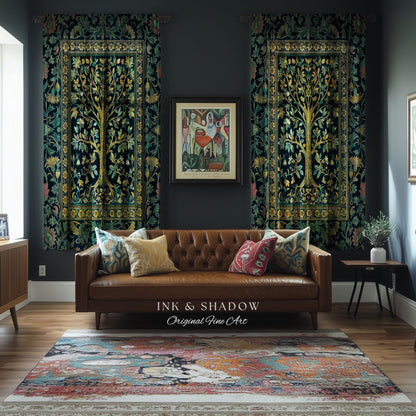 Elegant Cool Toned Tree Curtain | Enchanted Bohemian Decor Ornate Botanical Accent Romantic Maximalist Gothic Style Living Room Drapes Boho