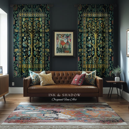 Elegant Cool Toned Tree Curtain | Enchanted Bohemian Decor Ornate Botanical Accent Romantic Maximalist Gothic Style Living Room Drapes Boho