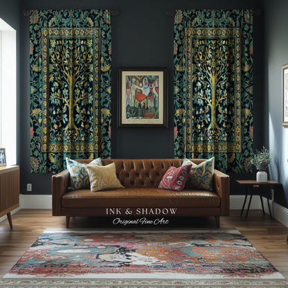 Elegant Cool Toned Tree Curtain | Enchanted Bohemian Decor Ornate Botanical Accent Romantic Maximalist Gothic Style Living Room Drapes Boho