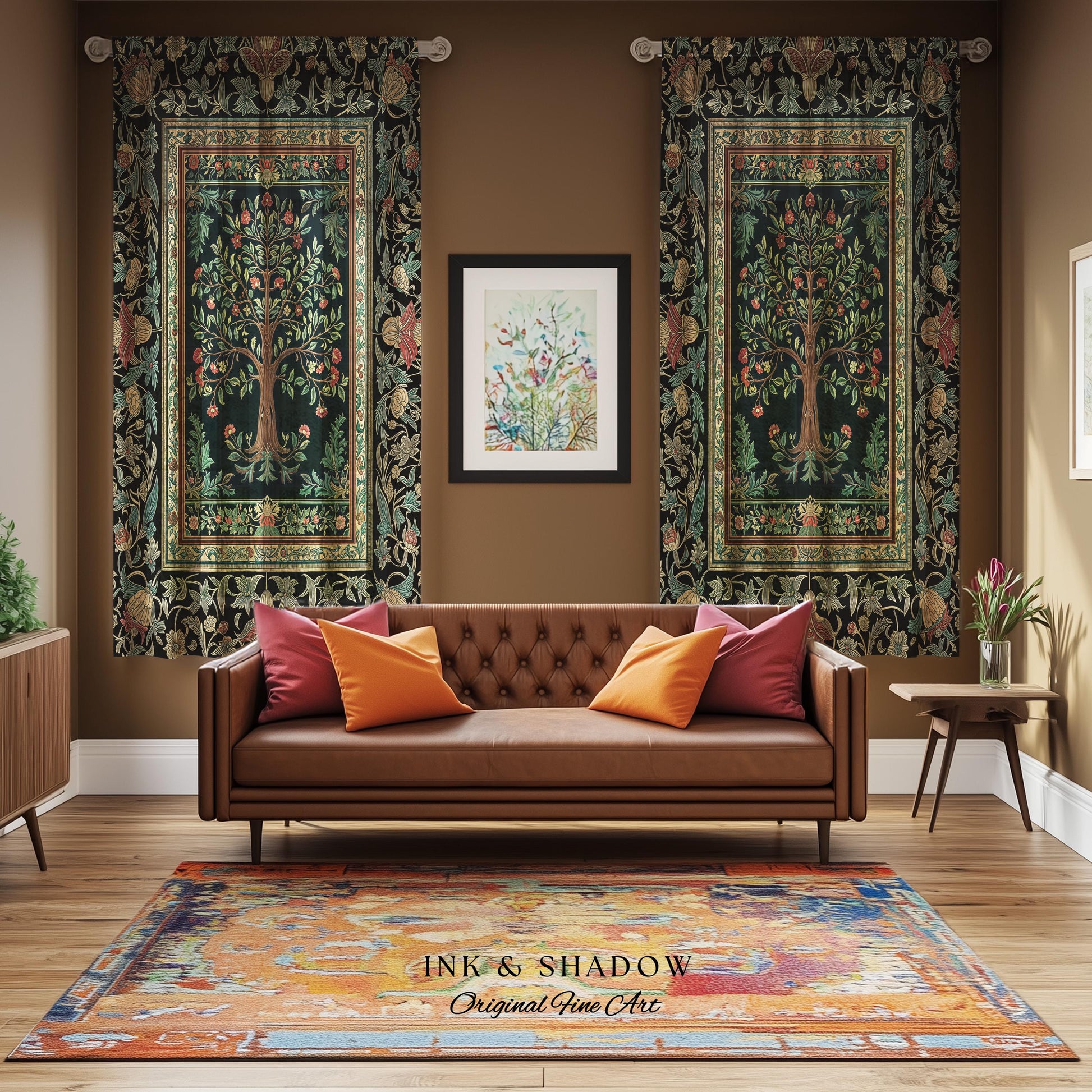 Medieval Folk Art Dark Floral Curtain | Ornate Tree of Life Morris Style Fairytale Folklore Cottagecore Botanical Drapes Decor Jewel Tones |