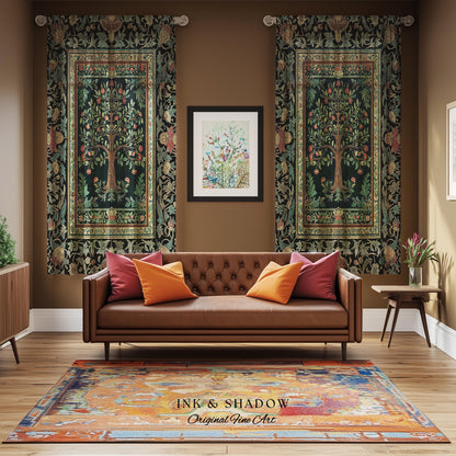 Medieval Folk Art Dark Floral Curtain | Ornate Tree of Life Morris Style Fairytale Folklore Cottagecore Botanical Drapes Decor Jewel Tones |