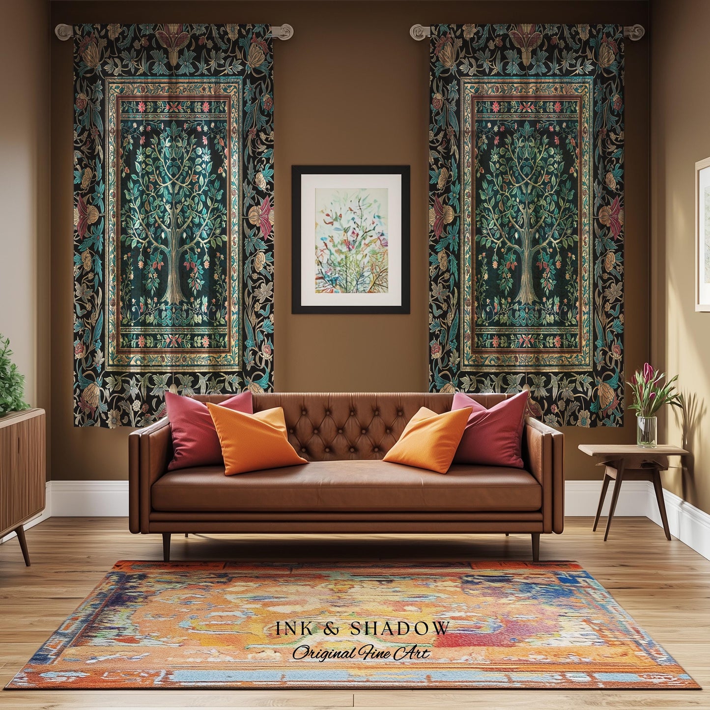 Mystic Ornamental Morris Inspired Tree Curtain | Cool Tones Botanical Design Fairytale Floral Drapes Romantic Aesthetic Rococo Cottagecore |