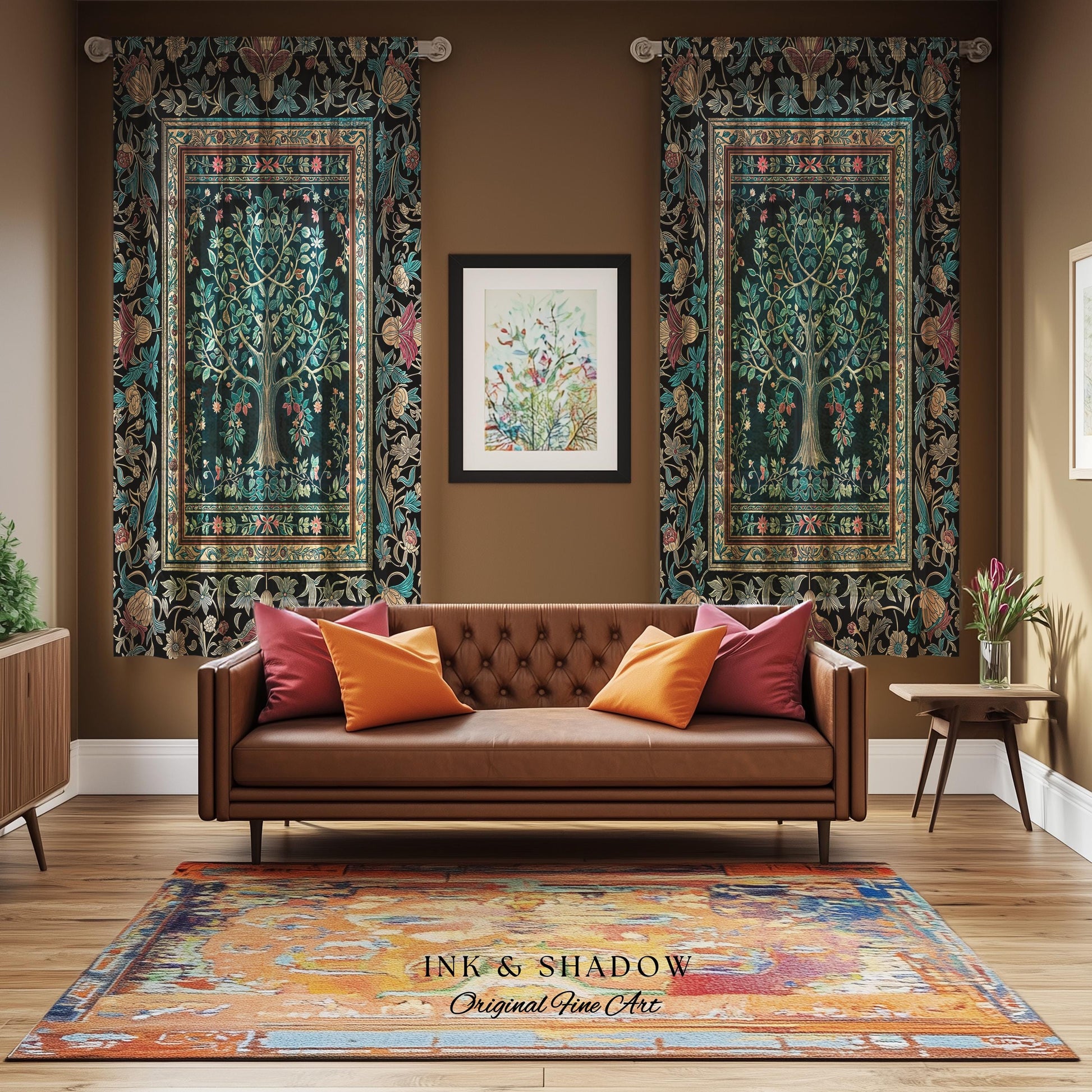 Mystic Ornamental Morris Inspired Tree Curtain | Cool Tones Botanical Design Fairytale Floral Drapes Romantic Aesthetic Rococo Cottagecore |