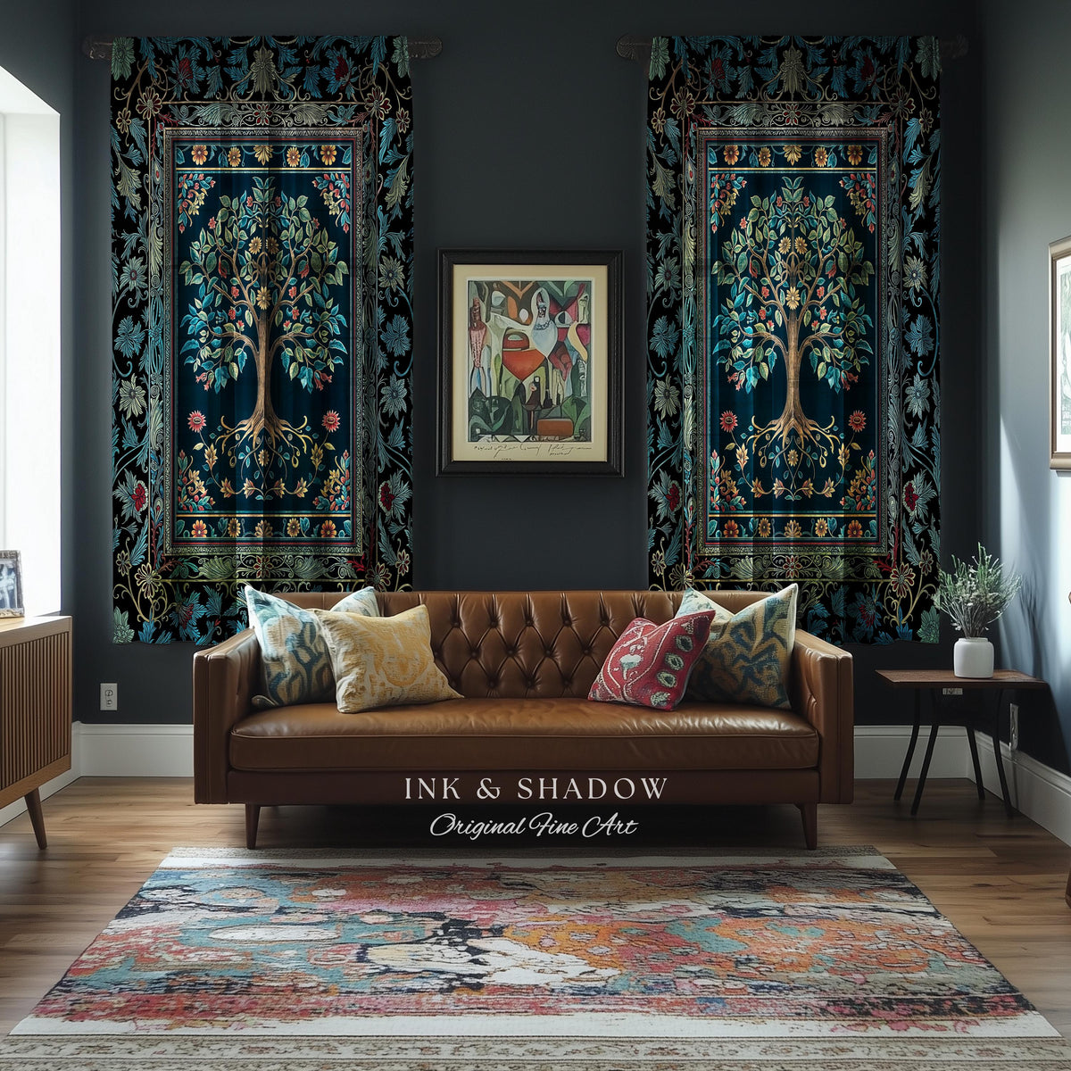 Moody Gothic Blues Tree of Life Curtain | Mystical Garden Theme Vintage Floral Decor Romantic Folk Art Forestcore Maximalist Bedroom Drapes