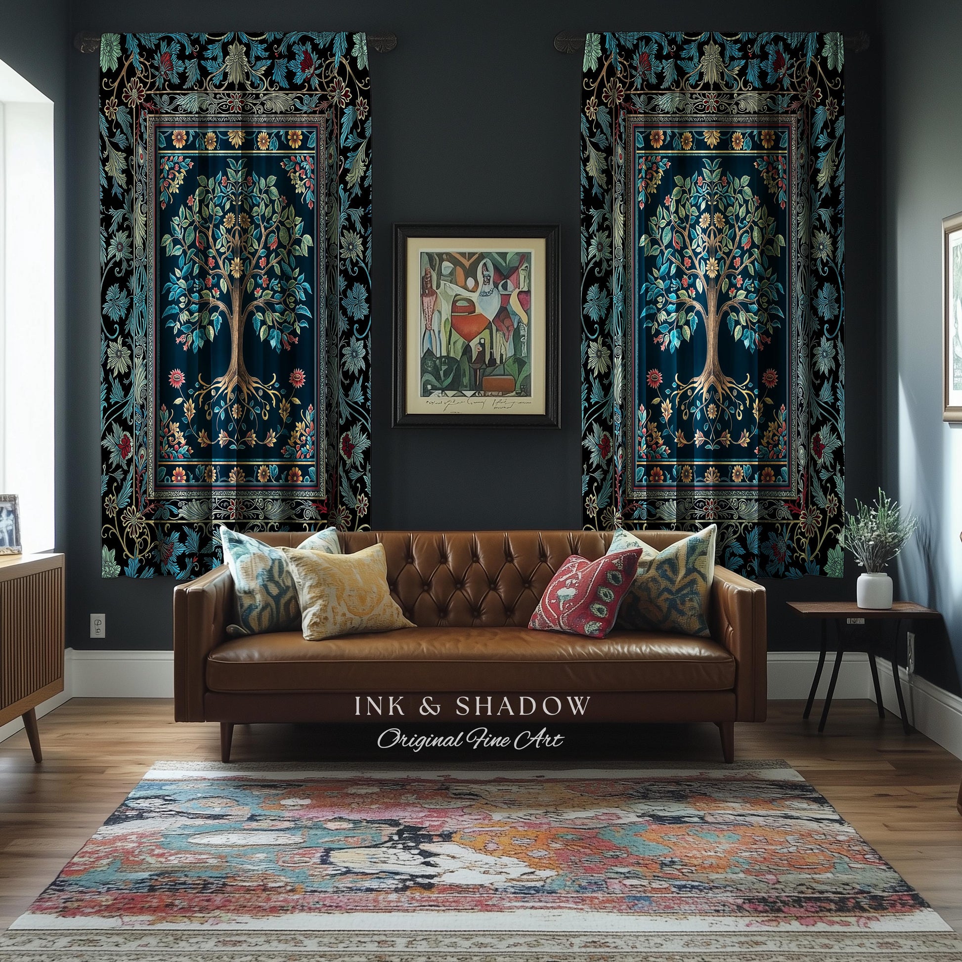 Moody Gothic Blues Tree of Life Curtain | Mystical Garden Theme Vintage Floral Decor Romantic Folk Art Forestcore Maximalist Bedroom Drapes