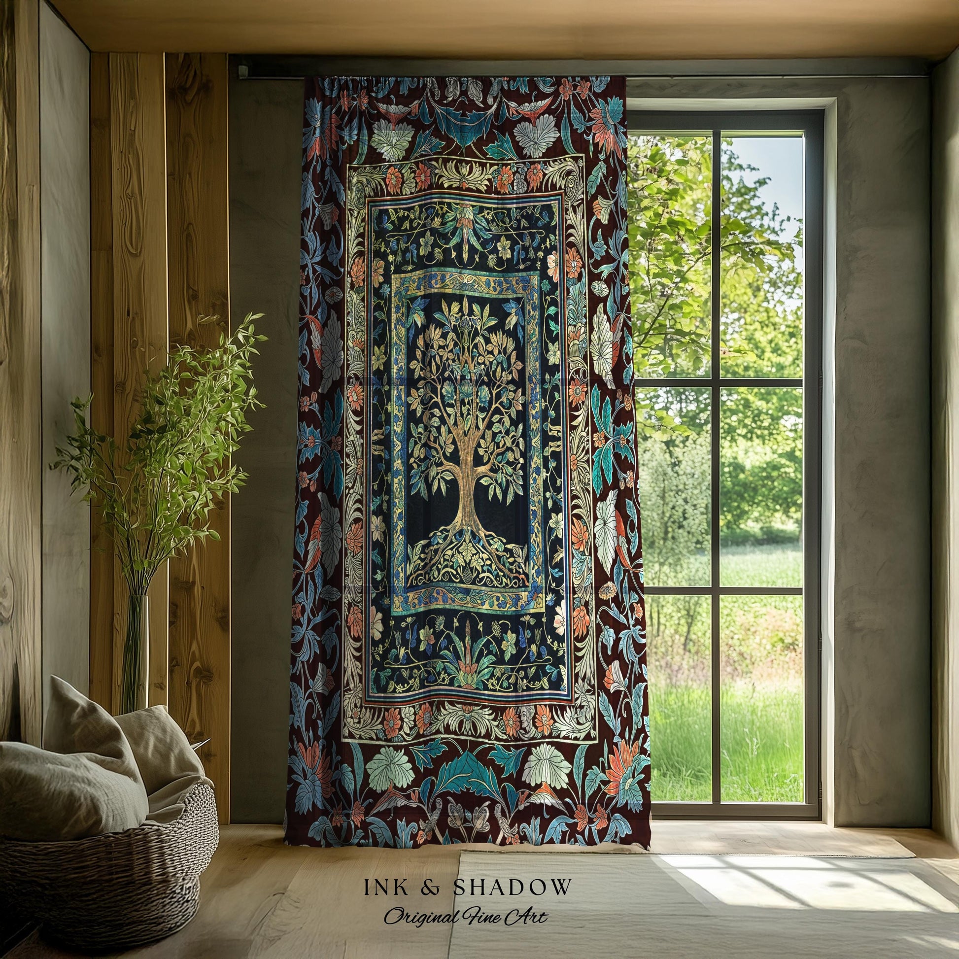 Indie Eclectic Medieval Tree of Life Curtains | Baroque Botanical Bedroom Maximalist Floral Decor Folklore Inspired Design Cottagecore Drape