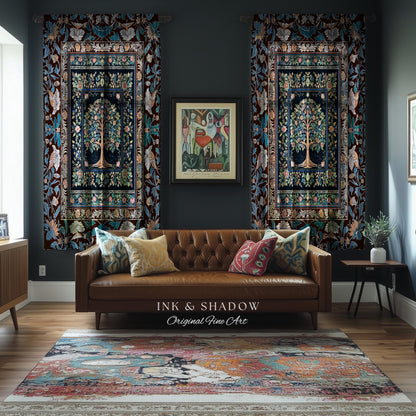 Ornate Grove Tree of Life Curtain | Lush Floral Detailing Heirloom Tapestry Drapes Baroque Nature Theme Cottagecore Living Room Decor Accent