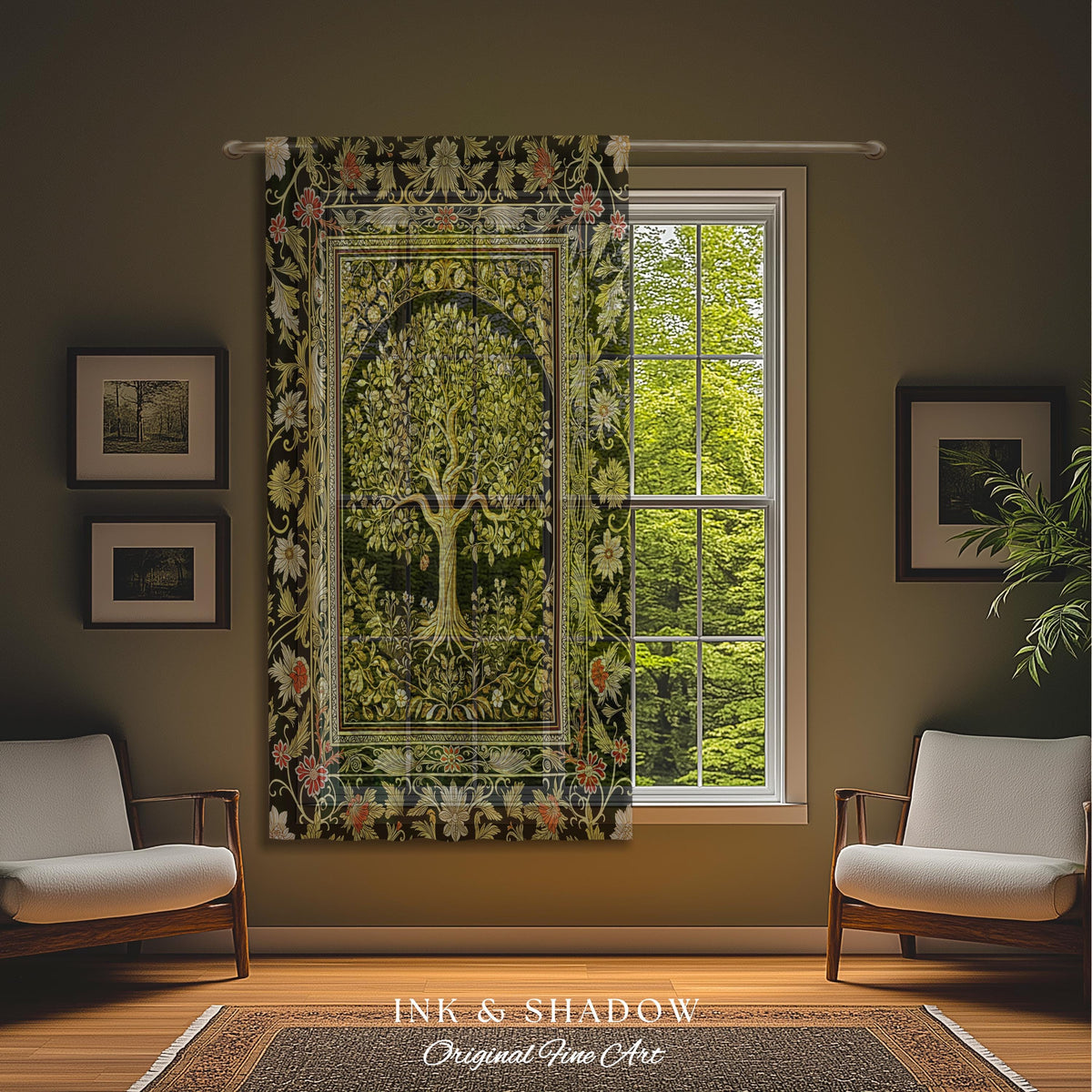 Tree of Life Fairytale Inspired Drapes | Celestial Folk Art Decor Cottagecore Folklore Style Curtains Housewarming Gift Cozy Bedroom Accent