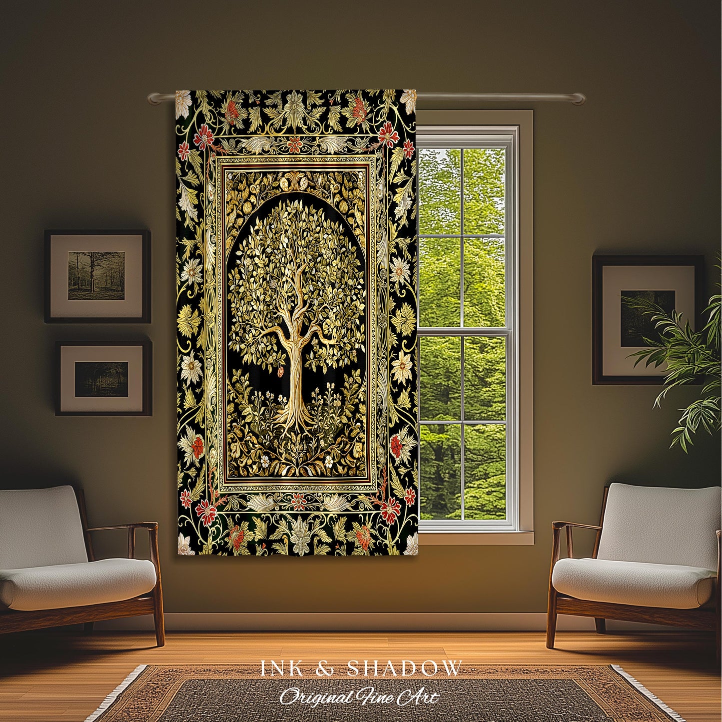 Tree of Life Fairytale Inspired Drapes | Celestial Folk Art Decor Cottagecore Folklore Style Curtains Housewarming Gift Cozy Bedroom Accent