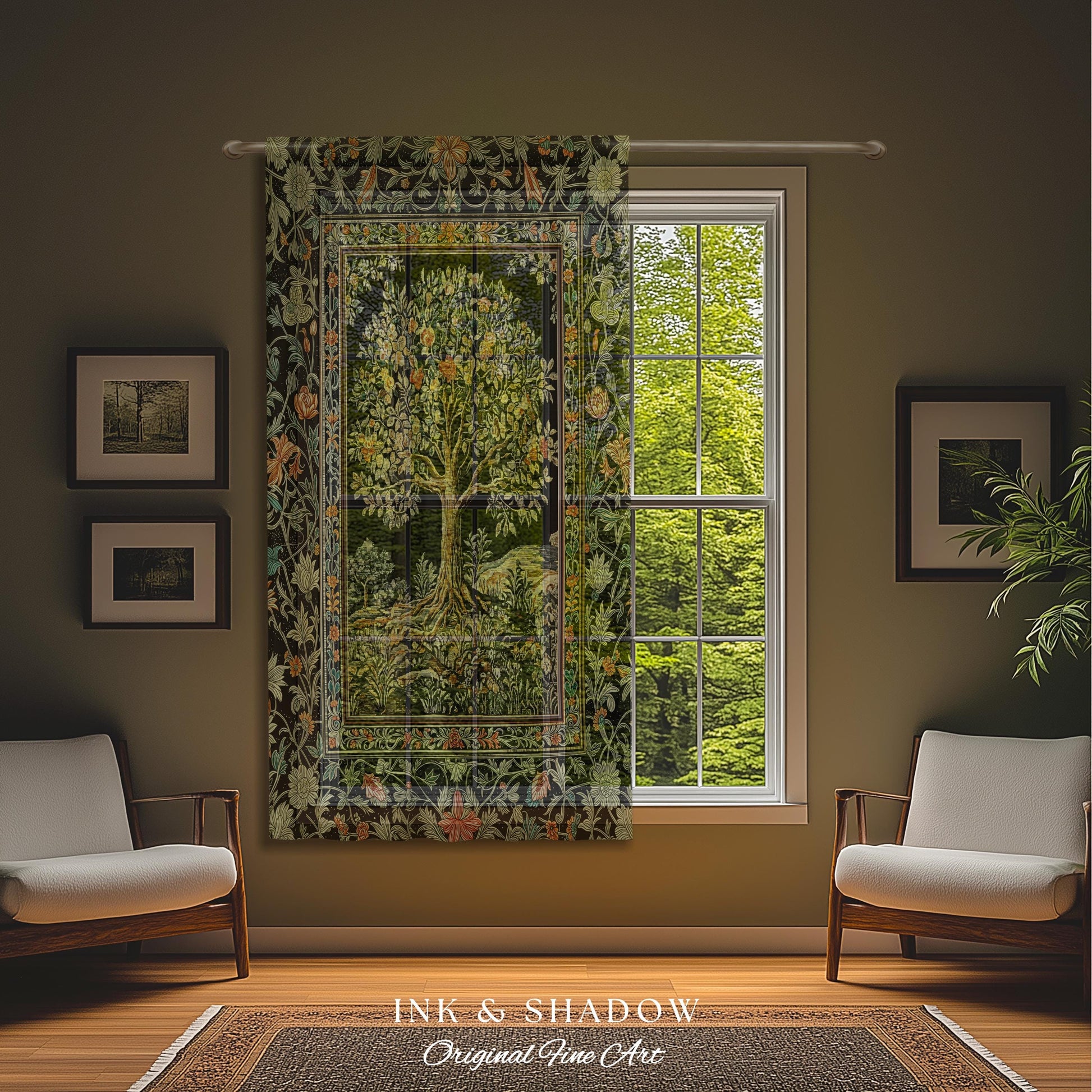 Regal Woodland Tree Curtains | Floral Heritage Decor Drapes Parisian Style Gothic Cottagecore Aesthetic Traditional Room Accent Chateaucore