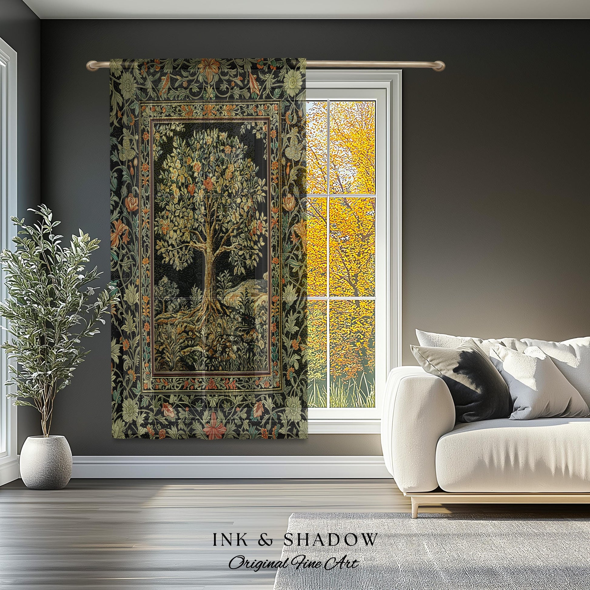 Regal Woodland Tree Curtains | Floral Heritage Decor Drapes Parisian Style Gothic Cottagecore Aesthetic Traditional Room Accent Chateaucore