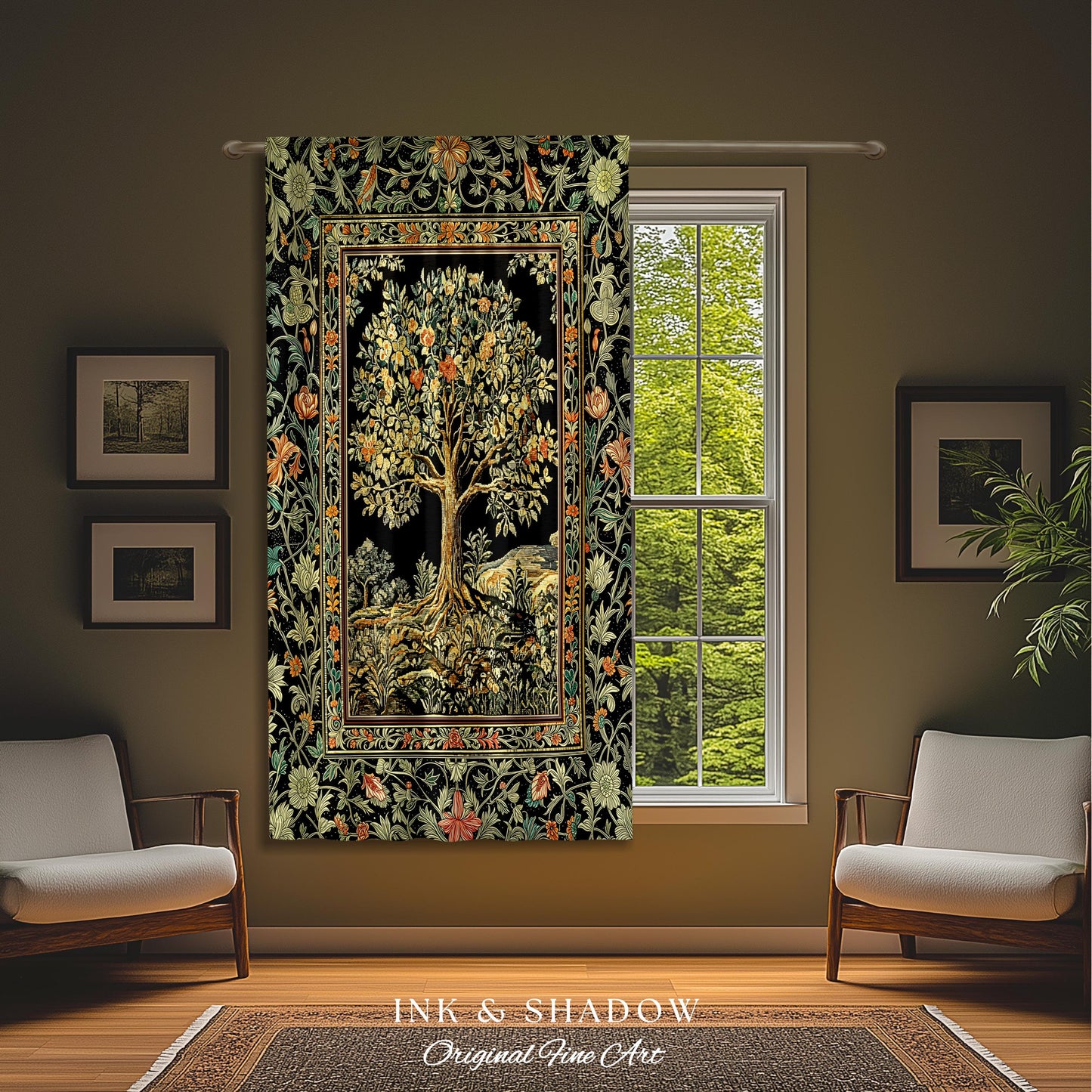 Regal Woodland Tree Curtains | Floral Heritage Decor Drapes Parisian Style Gothic Cottagecore Aesthetic Traditional Room Accent Chateaucore