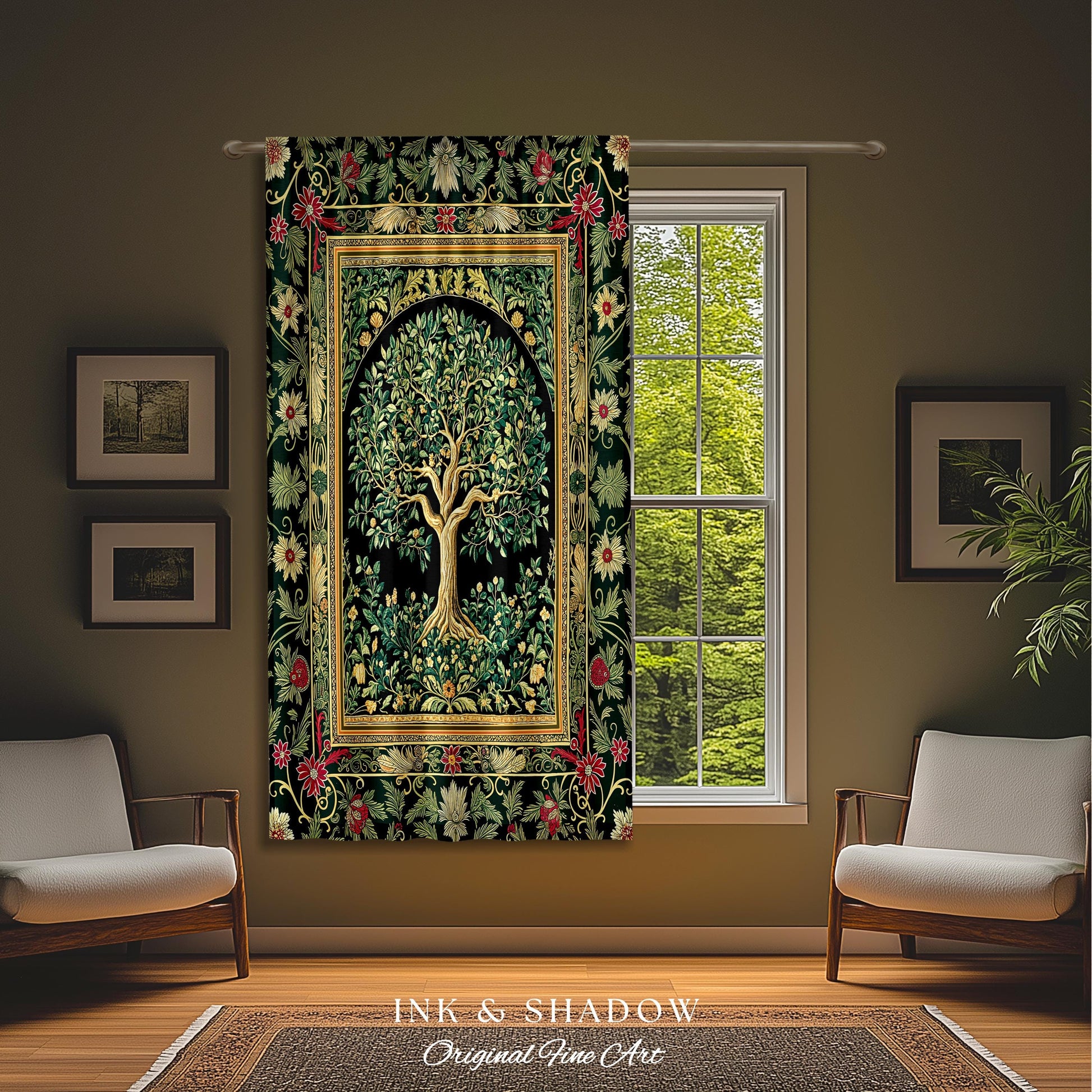 Forest Green Heritage Tree Curtain | Lush Botanical Tapestry Style Emerald Floral Drapes Vintage Cottagecore Maximalist Medieval Aesthetic