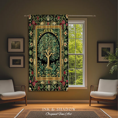 Forest Green Heritage Tree Curtain | Lush Botanical Tapestry Style Emerald Floral Drapes Vintage Cottagecore Maximalist Medieval Aesthetic