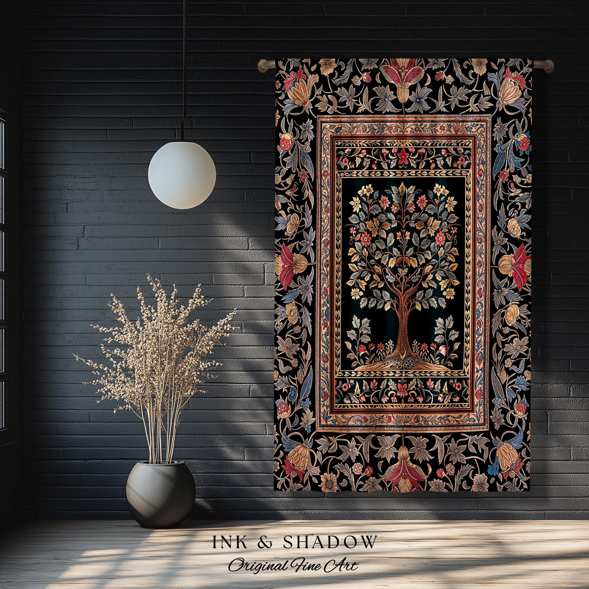 Victorian Folk Art Tree Curtain | Floral Morris Inspired Accent Drapes Red Roses Ornate Rococo Classical Medieval Garden Design Maximalist |