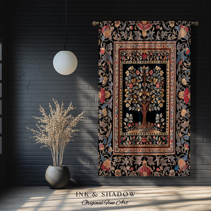 Victorian Folk Art Tree Curtain | Floral Morris Inspired Accent Drapes Red Roses Ornate Rococo Classical Medieval Garden Design Maximalist |