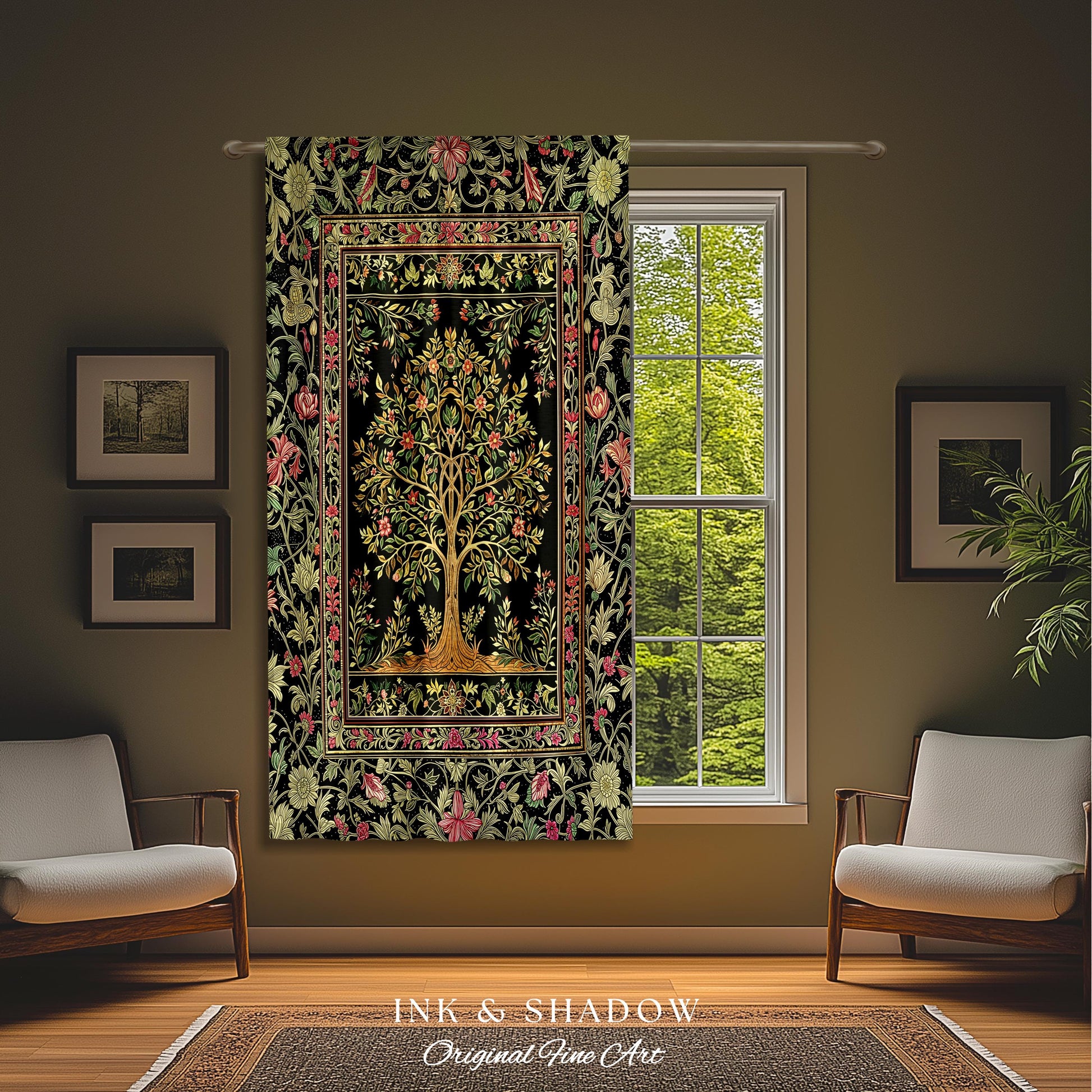 Art Nouveau Maximalist Tree Curtains | Ornate Botanical Drapes Tree of Life Motif Medieval Floral Pattern Romantic Style Morris Inspired |