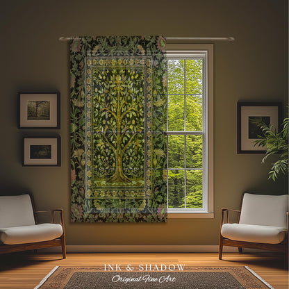 Golden Aesthetic Tree of Life Curtains | Emerald Botanical Decor Romantic Folklore Gothic Tapestry Style Vintage Floral Maximalist Drapes |