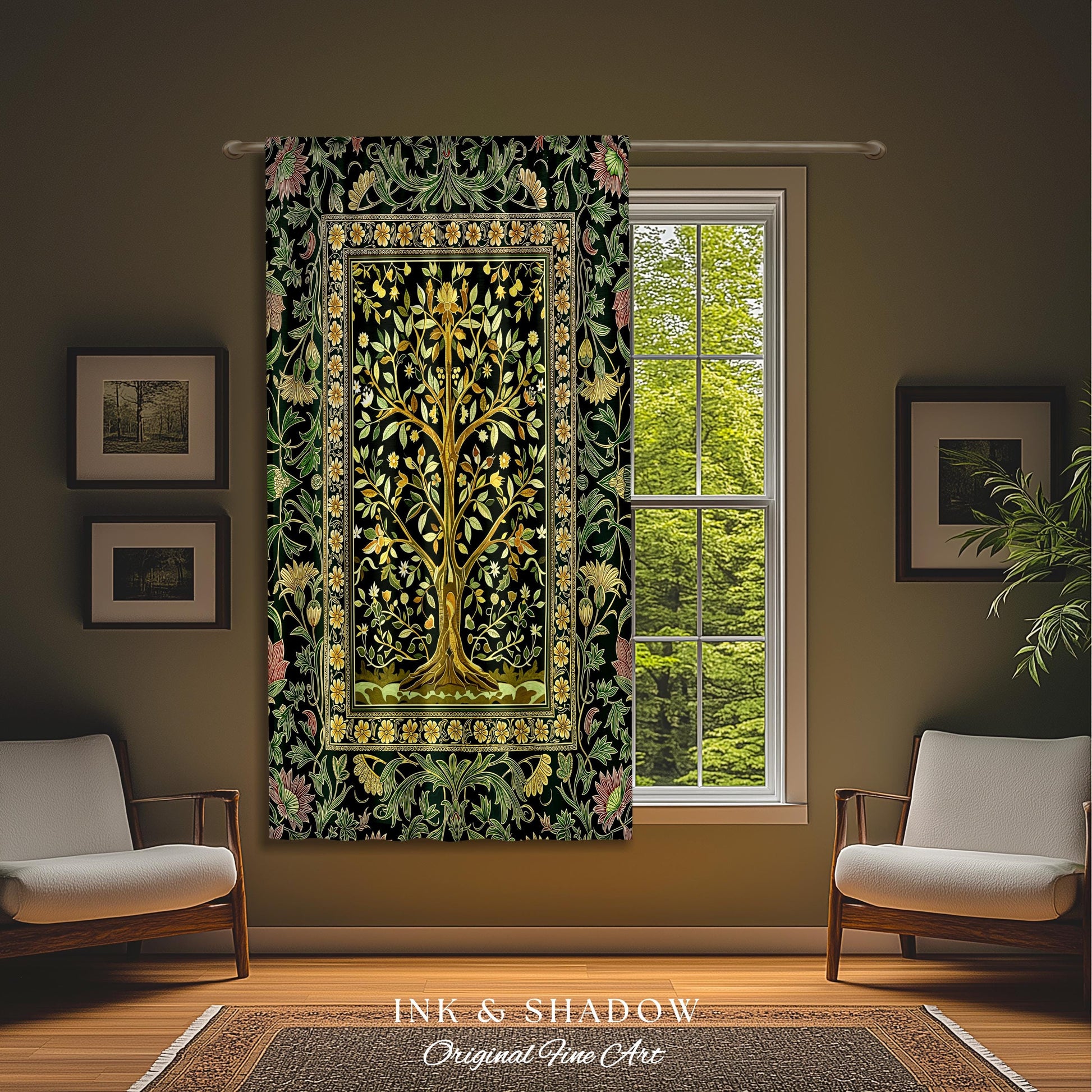 Golden Aesthetic Tree of Life Curtains | Emerald Botanical Decor Romantic Folklore Gothic Tapestry Style Vintage Floral Maximalist Drapes |