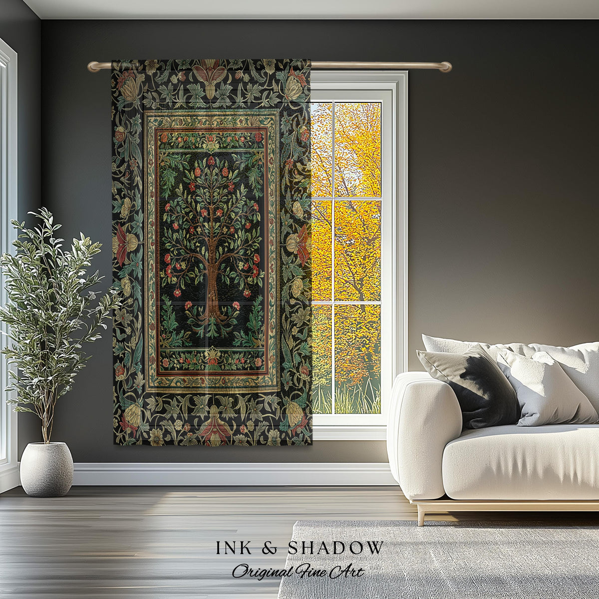 Medieval Folk Art Dark Floral Curtain | Ornate Tree of Life Morris Style Fairytale Folklore Cottagecore Botanical Drapes Decor Jewel Tones |