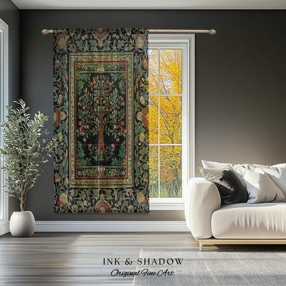Medieval Folk Art Dark Floral Curtain | Ornate Tree of Life Morris Style Fairytale Folklore Cottagecore Botanical Drapes Decor Jewel Tones |