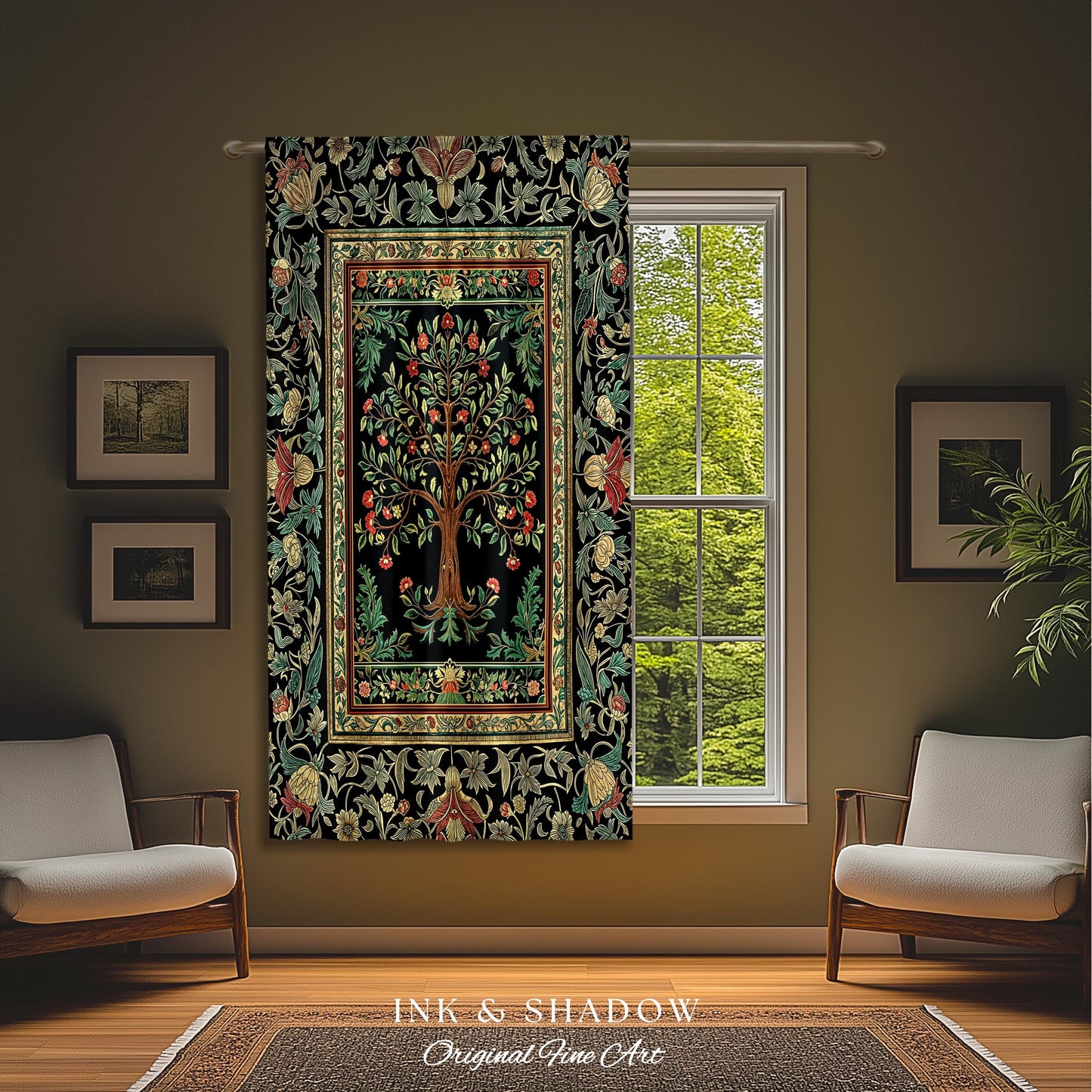 Medieval Folk Art Dark Floral Curtain | Ornate Tree of Life Morris Style Fairytale Folklore Cottagecore Botanical Drapes Decor Jewel Tones |