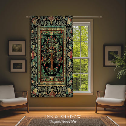 Medieval Folk Art Dark Floral Curtain | Ornate Tree of Life Morris Style Fairytale Folklore Cottagecore Botanical Drapes Decor Jewel Tones |