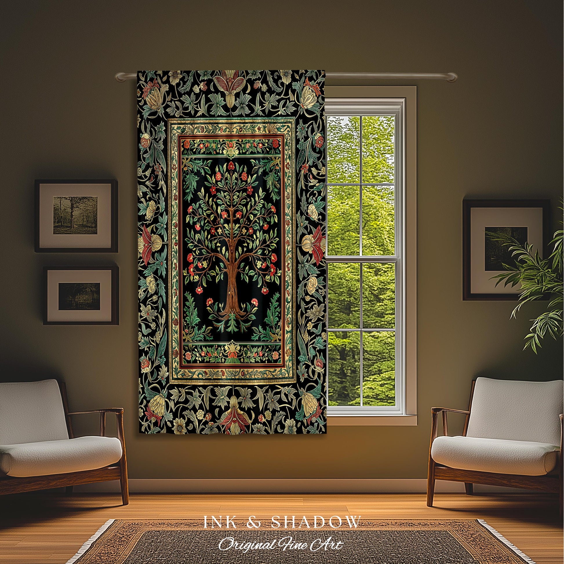 Medieval Folk Art Dark Floral Curtain | Ornate Tree of Life Morris Style Fairytale Folklore Cottagecore Botanical Drapes Decor Jewel Tones |
